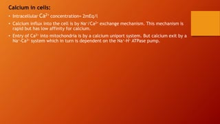 Calcium in cells:
• Intracellular Ca2+ concentration= 2mEq/l
• Calcium influx into the cell is by Na+/Ca2+ exchange mechanism. This mechanism is
rapid but has low affinity for calcium.
• Entry of Ca2+ into mitochondria is by a calcium uniport system. But calcium exit by a
Na+-Ca2+ system which in turn is dependent on the Na+-H+ ATPase pump.
 