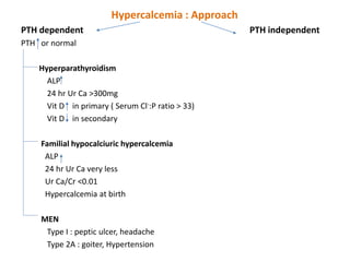 Hypercalcemia : Approach
PTH dependent PTH independent
PTH or normal
Hyperparathyroidism
ALP
24 hr Ur Ca >300mg
Vit D in primary ( Serum Cl-:P ratio > 33)
Vit D in secondary
Familial hypocalciuric hypercalcemia
ALP
24 hr Ur Ca very less
Ur Ca/Cr <0.01
Hypercalcemia at birth
MEN
Type I : peptic ulcer, headache
Type 2A : goiter, Hypertension
 