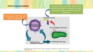 EFFECTS ON ENDOTOXIN endotoxins do not cause cell or tissue
pathosis directly but instead stimulate
competent cells to release chemical
mediators
Macrophages are the main
target of endotoxins
Z Mohammadi, Antimicrobial Activity of Calcium Hydroxide in Endodontics: A Review; Chonnam Med
J 2012;48:133-140
 