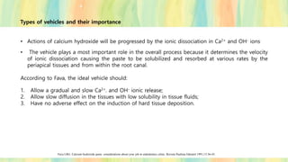Types of vehicles and their importance
• Actions of calcium hydroxide will be progressed by the ionic dissociation in Ca2+ and OH- ions.
• The vehicle plays a most important role in the overall process because it determines the velocity
of ionic dissociation causing the paste to be solubilized and resorbed at various rates by the
periapical tissues and from within the root canal.
According to Fava, the ideal vehicle should:
1. Allow a gradual and slow Ca2+. and OH- ionic release;
2. Allow slow diffusion in the tissues with low solubility in tissue fluids;
3. Have no adverse effect on the induction of hard tissue deposition.
Fava LRG. Calcium hydroxide paste. considerations about your job in endodontics clinic. Revista Paulista Odontol 1991;13:36-43.
 