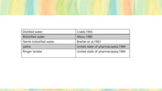 Distilled water Crabb,1965
Bidistilled water Albou,1980
Sterile bidistilled water Breillat et al,1983
saline United state of pharmacopeia,1984
Ringer lactate United state of pharmacopeia,1984
 