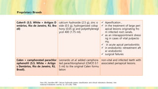 Calen® (S.S. White + Artigos D
entários, Rio de Janeiro, RJ, Bra
zil)
calcium hydroxide (2.5 g), zinc o
xide (0.5 g), hydrogenized colop
hony (0.05 g) and polyethylenegl
ycol 400 (1.75 ml).
✓ Apexification ,
✓ in the treatment of large peri
apical lesions originating fro
m infected root canals,
✓ as an interappointment dressi
ng in cases of vital pulpecto
my,
✓ in acute apical periodontitis
✓ in endodontic retreatment aft
er endodontic
✓ surgical failures
Calen + camphorated parachlor
ophenol® (S.S. White + Artigo
s Dentários, Rio de Janeiro, RJ,
Brasil).
Leonardo et al. added camphora
ted parachlorophenol (CMCP, 0.1
5 ml) to the original Calen formu
lation
non-vital and infected teeth with
associated periapical lesions.
Fava LRG, Saunders WP. Calcium hydroxide pastes: classification and clinical indications (Review). Inte
rnational Endodontic Journal, 32, 257±282, 1999.
Proprietary Brands
 