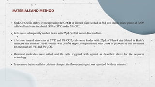 • 50μL CHO cells stably over-expressing the GPCR of interest were seeded in 384 well sterile micro-plates at 7,500
cells/well and were incubated O/N at 37°C under 5% CO2.
 

• Cells were subsequently washed twice with 25μL/well of serum-free medium.
 

• After one hour of starvation at 37°C and 5% CO2, cells were loaded with 25μL of Fluo-8 dye diluted in Hank’s
balanced salt solution (HBSS) buffer with 20mM Hepes, complemented with 5mM of probenecid and incubated
for one hour at 37°C and 5% CO2.
 

• Chemical molecules were added and the cells triggered with agonist as described above for the aequorin
technology.
 

• To measure the intracellular calcium changes, the
fl
uorescent signal was recorded for three minutes.
MATERIALS AND METHOD
 