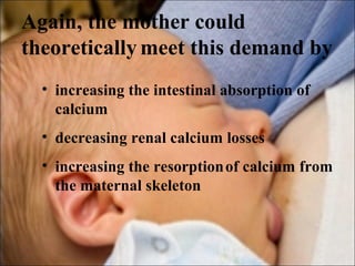 Again, the mother could
theoretically meet this demand by
• increasing the intestinal absorption of
calcium
• decreasing renal calcium losses
• increasing the resorptionof calcium from
the maternal skeleton
 