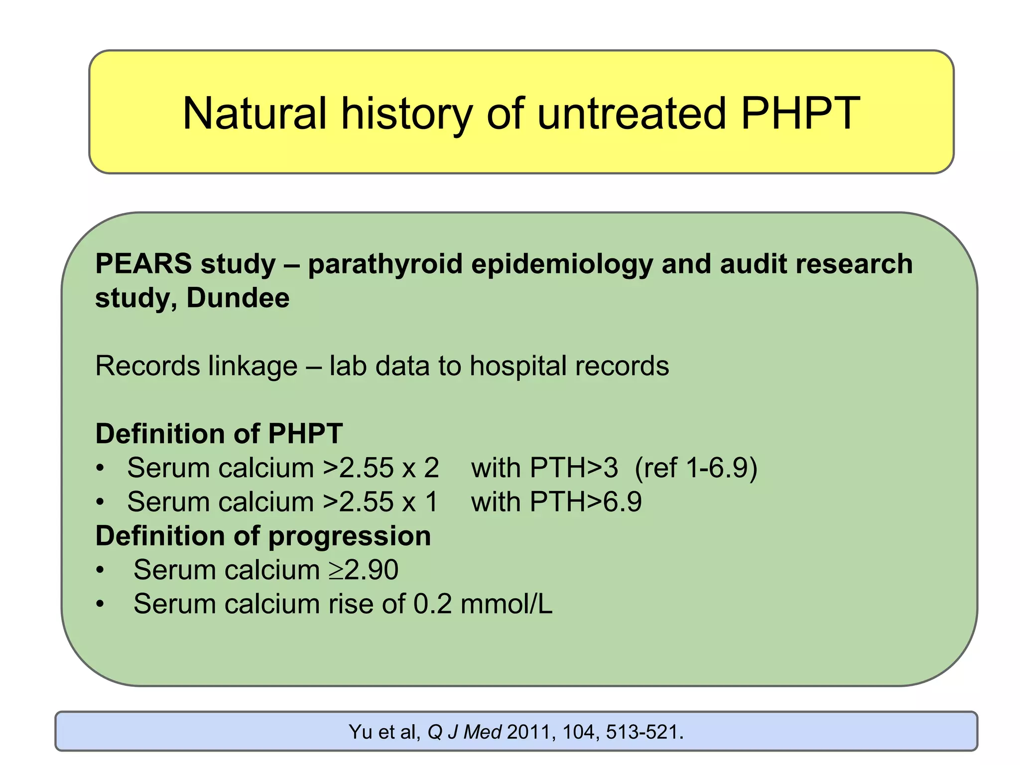 Natural history of untreated PHPT
PEARS study – parathyroid epidemiology and audit research
study, Dundee
Records linkage – lab data to hospital records
Definition of PHPT
• Serum calcium >2.55 x 2 with PTH>3 (ref 1-6.9)
• Serum calcium >2.55 x 1 with PTH>6.9
Definition of progression
• Serum calcium 2.90
• Serum calcium rise of 0.2 mmol/L
Yu et al, Q J Med 2011, 104, 513-521.
 