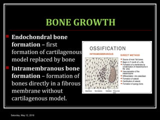 BONE GROWTH
 Endochondral bone
formation – first
formation of cartilagenous
model replaced by bone
 Intramembranous bone
formation – formation of
bones directly in a fibrous
membrane without
cartilagenous model.
Saturday, May 12, 2018
 
