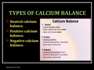 TYPES OF CALCIUM BALANCE
 Neutral calcium
balance
 Positive calcium
balance.
 Negative calcium
balance.
Saturday, May 12, 2018
 