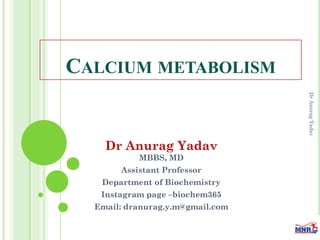 CALCIUM METABOLISM
Dr
Anurag
Yadav
Dr Anurag Yadav
MBBS, MD
Assistant Professor
Department of Biochemistry
Instagram page –biochem365
Email: dranurag.y.m@gmail.com
 