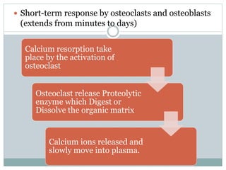  Short-term response by osteoclasts and osteoblasts
(extends from minutes to days)
Calcium resorption take
place by the activation of
osteoclast
Osteoclast release Proteolytic
enzyme which Digest or
Dissolve the organic matrix
Calcium ions released and
slowly move into plasma.
 