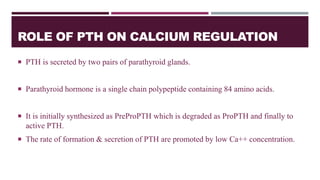 ROLE OF PTH ON CALCIUM REGULATION
 PTH is secreted by two pairs of parathyroid glands.
 Parathyroid hormone is a single chain polypeptide containing 84 amino acids.
 It is initially synthesized as PreProPTH which is degraded as ProPTH and finally to
active PTH.
 The rate of formation & secretion of PTH are promoted by low Ca++ concentration.
 