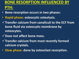 BONE RESORPTION INFLUENCED BY
PTH:
• Bone resorption occurs in two phases:
• Rapid phase: osteocytic osteolysis.
Transfer calcium from canaliculi to the ECF from
bone fluid via osteocytic membrane by
osteocytes.
Does not affect bone mass.
Transfer calcium from most recently formed
calcium crystals.
• Slow phase: done by osteoclast resorption.
 