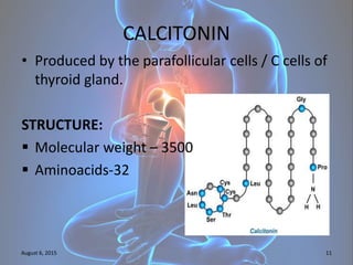 CALCITONIN
August 6, 2015 11
• Produced by the parafollicular cells / C cells of
thyroid gland.
STRUCTURE:
 Molecular wei...
