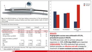Cardiovasc Revasc Med. 2019 Dec;20(12):1083-1087. doi: 10.1016/j.carrev.2019.02.026. Epub 2019 Mar 1.
B
RESULTS:
Angiographic success was achieved in 97.5%,
procedural success in 96.6%.
The OPN alone was able to achieve adequate
expansion in >90%. 0.9% days MACE were reported.
CONCLUSION: The OPN-dedicated high-pressure
balloon provides an effective and safe strategy for
treatment of severe resistant coronary lesions.
 