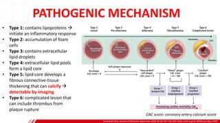 PATHOGENIC MECHANISM
Cleveland Clinic Journal of Medicine September 2018, 85 (9) 707-716; DOI: https://doi.org/10.3949/ccjm.85a.17097
A
B
• Type 1: contains lipoproteins →
initiate an inflammatory response
• Type 2: accumulation of foam
cells
• Type 3: contains extracellular
lipid droplets
• Type 4: extracellular lipid pools
form a lipid core
• Type 5: lipid core develops a
fibrous connective-tissue
thickening that can calcify →
detectable by imaging
• Type 6: complicated lesion that
can include thrombus from
plaque rupture
CAC score: coronary artery calcium score
 