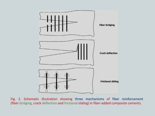 Fig. 2. Schematic illustration showing three mechanisms of fiber reinforcement
(fiber bridging, crack deflection and frictional sliding) in fiber-added composite cements.
 