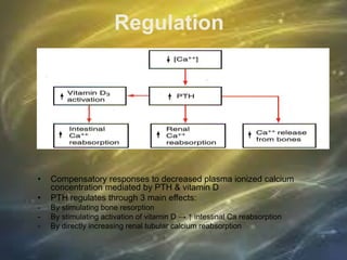 Regulation
• Compensatory responses to decreased plasma ionized calcium
concentration mediated by PTH & vitamin D
• PTH regulates through 3 main effects:
- By stimulating bone resorption
- By stimulating activation of vitamin D → ↑ intestinal Ca reabsorption
- By directly increasing renal tubular calcium reabsorption
 