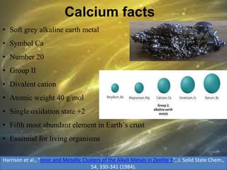 Calcium facts
• Soft grey alkaline earth metal
• Symbol Ca
• Number 20
• Group II
• Divalent cation
• Atomic weight 40 g/mol
• Single oxidation state +2
• Fifth most abundant element in Earth´s crust
• Essential for living organisms
Harrison et al., "Ionic and Metallic Clusters of the Alkali Metals in Zeolite Y", J. Solid State Chem.,
54, 330-341 (1984).
 