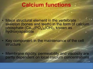 Calcium functions
• Major structural element in the vertebrate
skeleton (bones and teeth) in the form of calcium
phosphate (Ca10(PO4)6(OH)2 known as
hydroxyapatatite
• Key component in the maintenance of the cell
structure
• Membrane rigidity, permeability and viscosity are
partly dependent on local calcium concentrations
 
