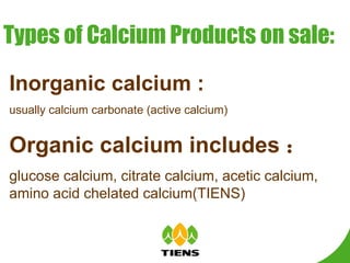 Inorganic calcium :   usually calcium carbonate (active calcium) Organic calcium includes ： glucose calcium, citrate calcium, acetic calcium, amino acid chelated calcium(TIENS) Types of Calcium Products on sale: 