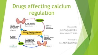 Drugs affecting calcium
regulation
Presented By
AAMNA TABASSUM
M.PHARM (2ND SEM)
Presented To
Mrs. MONIKA SINGH
 