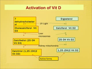 Activation of Vit D
7
dehydrocholester
ol
Ergosterol
Cholecalciferol Vit
D3
Calciferol Vit D2
Calcifediol (25 OH
Vit D3)
Calcitriol (1,25 (OH)2
Vit D3)
25 OH Vit D2
1,25 (OH)2 Vit D2
UV Light
Liver
microsomes
Kidney mitochondria
Active forms
 