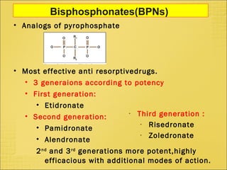 Bisphosphonates(BPNs)
• Analogs of pyrophosphate
• Most effective anti resorptivedrugs.
• 3 generaions according to potency
• First generation:
• Etidronate
• Second generation:
• Pamidronate
• Alendronate
2nd
and 3rd
generations more potent,highly
efficacious with additional modes of action.
• Third generation :
• Risedronate
• Zoledronate
 