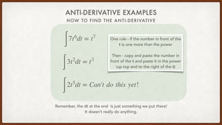 HOW TO FIND THE ANTI-DERIVATIVE
ANTI-DERIVATIVE EXAMPLES
∫
7t6
dt = t7
Remember, the dt at the end is just something we put there!
It doesn’t really do anything.
∫
3t2
dt = t3
∫
2t5
dt = Can′t do this yet!
One rule - if the number in front of the
t is one more than the power
Then - copy and paste the number in
front of the t and paste it in the power
(up top and to the right of the t)
 