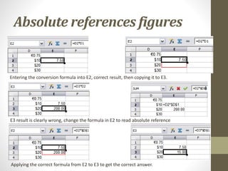 Absolute references figures
Entering the conversion formula into E2, correct result, then copying it to E3.
E3 result is clearly wrong, change the formula in E2 to read absolute reference
Applying the correct formula from E2 to E3 to get the correct answer.
 