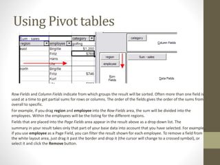 Using Pivot tables
Row Fields and Column Fields indicate from which groups the result will be sorted. Often more than one field is
used at a time to get partial sums for rows or columns. The order of the fields gives the order of the sums from
overall to specific.
For example, if you drag region and employee into the Row Fields area, the sum will be divided into the
employees. Within the employees will be the listing for the different regions.
Fields that are placed into the Page Fields area appear in the result above as a drop down list. The
summary in your result takes only that part of your base data into account that you have selected. For example,
if you use employee as a Page Field, you can filter the result shown for each employee. To remove a field from
the white layout area, just drag it past the border and drop it (the cursor will change to a crossed symbol), or
select it and click the Remove button.
 
