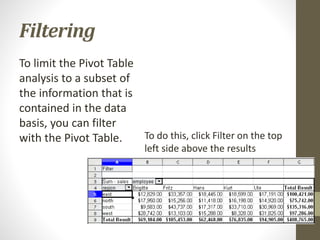 Filtering
To limit the Pivot Table
analysis to a subset of
the information that is
contained in the data
basis, you can filter
with the Pivot Table. To do this, click Filter on the top
left side above the results
 