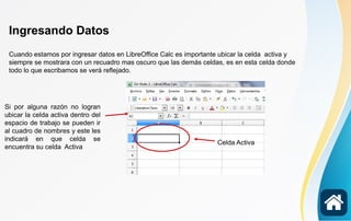 Ingresando Datos
Cuando estamos por ingresar datos en LibreOffice Calc es importante ubicar la celda activa y
siempre se mostrara con un recuadro mas oscuro que las demás celdas, es en esta celda donde
todo lo que escribamos se verá reflejado.
Si por alguna razón no logran
ubicar la celda activa dentro del
espacio de trabajo se pueden ir
al cuadro de nombres y este les
indicará en que celda se
encuentra su celda Activa
Celda Activa
 