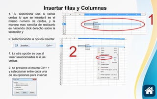 Insertar filas y Columnas
1. Si selecciona una o varias
celdas lo que se insertará es el
mismo numero de celdas, y la
manera mas sencilla de realizarlo
es haciendo click derecho sobre la
selección y
2. seleccionando la opcion insertar
1. La otra opción es que al
tener seleccionadas la ó las
celdas
2. se presione el macro Ctrl+ +
y seleccionar entre cada una
de las opciones para insertar
2
1
 