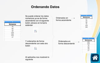Ordenando Datos
Se puede ordenar los datos
númericos ya se de forma
ascendente con el siguiente
botón ubicaco en la barra
estándar
Y ordenarlos de forma
descendente con este otro
botón
Al aplicarlos nos mostrará lo
siguiente
Ordenados en
forma ascendente
Ordenados en
forma descendente
 