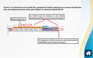 Forma 3: al colocarnos en la celda H2 y presionar el botón autosuma en la barra de fórmulas
solo nos bastará presiona enter para realizar la autosuma desde B2:G2
Botón Autosuma
Al presionar el botón autosuma automaticamente
libreOffice Calc realiza la Forma 2
Lo mismo que se coloca en una celda
aparecerá también en la barra de fórmulas
 