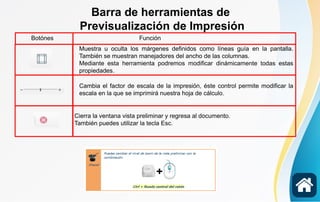 Muestra u oculta los márgenes definidos como líneas guía en la pantalla.
También se muestran manejadores del ancho de las columnas.
Mediante esta herramienta podremos modificar dinámicamente todas estas
propiedades.
Barra de herramientas de
Previsualización de Impresión
Botónes Función
Cambia el factor de escala de la impresión, éste control permite modificar la
escala en la que se imprimirá nuestra hoja de cálculo.
Cierra la ventana vista preliminar y regresa al documento.
También puedes utilizar la tecla Esc.
 