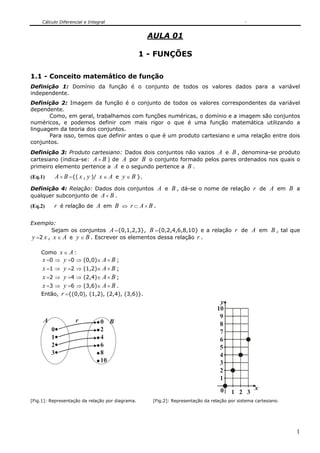 Cálculo Diferencial e Integral


                                                   AULA 01

                                                  1 - FUNÇÕES

1.1 - Conceito matemático de função
Definição 1: Domínio da função é o conjunto de todos os valores dados para a variável
independente.
Definição 2: Imagem da função é o conjunto de todos os valores correspondentes da variável
dependente.
       Como, em geral, trabalhamos com funções numéricas, o domínio e a imagem são conjuntos
numéricos, e podemos definir com mais rigor o que é uma função matemática utilizando a
linguagem da teoria dos conjuntos.
       Para isso, temos que definir antes o que é um produto cartesiano e uma relação entre dois
conjuntos.
Definição 3: Produto cartesiano: Dados dois conjuntos não vazios A e B , denomina-se produto
cartesiano (indica-se: A × B ) de A por B o conjunto formado pelos pares ordenados nos quais o
primeiro elemento pertence a A e o segundo pertence a B .
(Eq.1)       A × B ={( x , y )/ x ∈ A e y ∈ B }.
Definição 4: Relação: Dados dois conjuntos A e B , dá-se o nome de relação r de A em B a
qualquer subconjunto de A × B .
(Eq.2)    r é relação de A em B ⇔ r ⊂ A × B .

Exemplo:
        Sejam os conjuntos A ={0,1,2,3}, B ={0,2,4,6,8,10} e a relação r de A em B , tal que
y =2 x , x ∈ A e y ∈ B . Escrever os elementos dessa relação r .

    Como x ∈ A :
    x =0 ⇒ y =0 ⇒ (0,0)∈ A × B ;
    x =1 ⇒ y =2 ⇒ (1,2)∈ A × B ;
    x =2 ⇒ y =4 ⇒ (2,4)∈ A × B ;
    x =3 ⇒ y =6 ⇒ (3,6)∈ A × B .
    Então, r ={(0,0), (1,2), (2,4), (3,6)}.
                                                                                  y
                                                                                 10
                                                                                  9
     A               r          0 B                                               8
         0                      2                                                 7
         1                      4                                                 6
         2                      6                                                 5
         3                      8                                                 4
                                10                                                3
                                                                                  2
                                                                                  1
                                                                                  0               x
                                                                                       1 2 3
[Fig.1]: Representação da relação por diagrama.     [Fig.2]: Representação da relação por sistema cartesiano.




                                                                                                                1
 