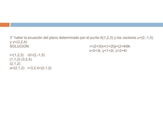 3° hallar la ecuación del plano determinado por el punto A(1,2,3) y los vectores u=(2,-1,5)
y v=(3,2,4)
SOLUCION:                                         r=(2+3t)i+(1+2t)j+(2+4t9k
                                                  x=2+3t, y=1+2t, z=2+4t
r=(1,2,3) r2=(2,-1,5)
(1,1,2) (3,2,4)
(2,1,2)
a=(2,1,2) r=3,2,4+(2,1,2)
 
