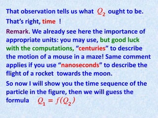 That observation tells us what ought to be.
That’s right, time !
Remark. We already see here the importance of
appropriate units: you may use, but good luck
with the computations, “centuries” to describe
the motion of a mouse in a maze! Same comment
applies if you use “nanoseconds” to describe the
flight of a rocket towards the moon.
So now I will show you the time sequence of the
particle in the figure, then we will guess the
formula
 