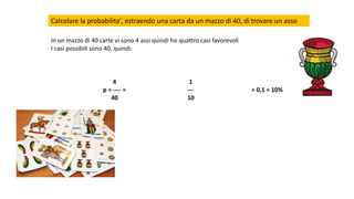 Calcolare la probabilita', estraendo una carta da un mazzo di 40, di trovare un asso
In un mazzo di 40 carte vi sono 4 assi quindi ho quattro casi favorevoli
I casi possibili sono 40, quindi:
4
p = ---- =
40
1
---
10
= 0,1 = 10%
 