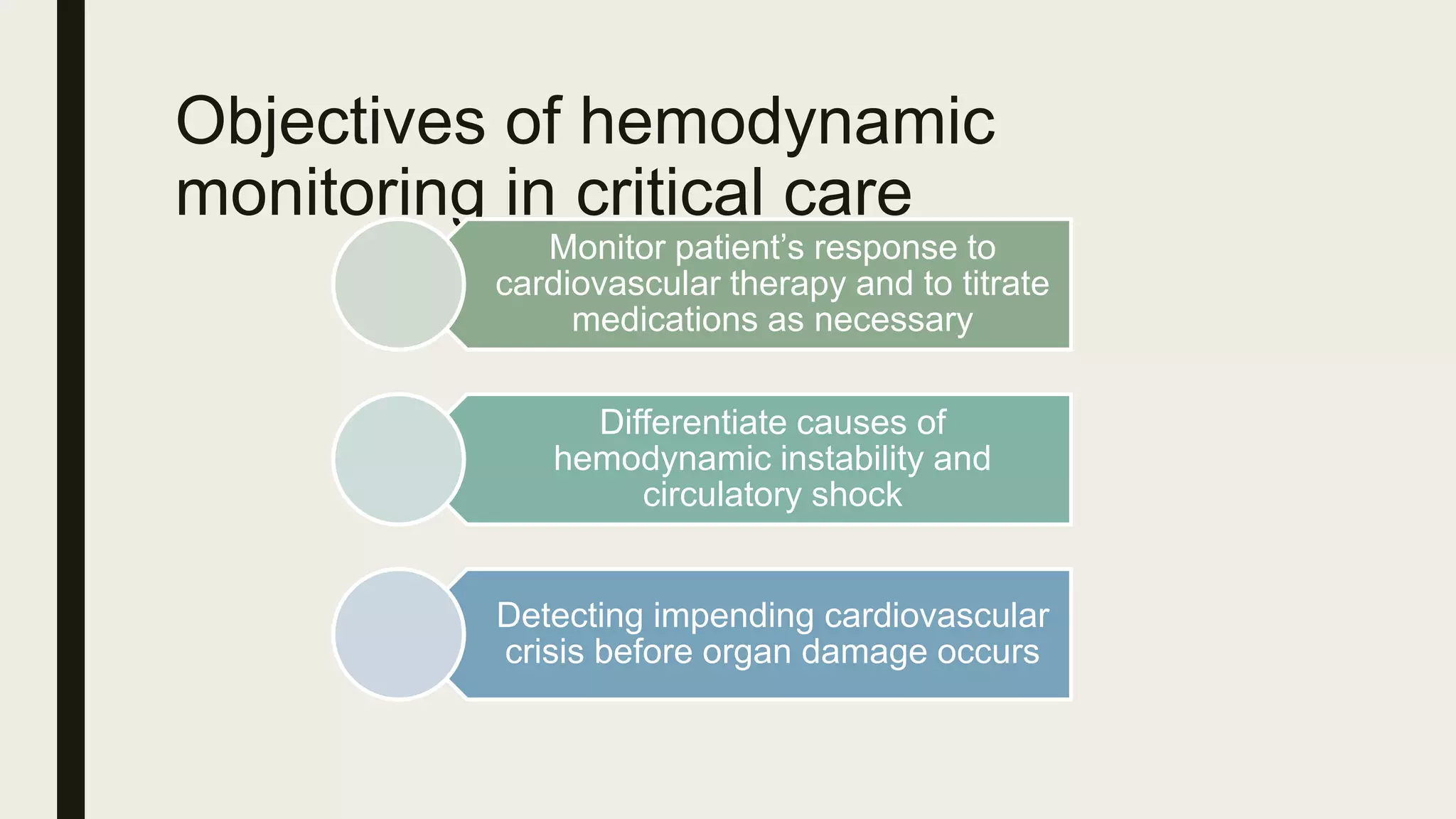 Objectives of hemodynamic
monitoring in critical care
Monitor patient’s response to
cardiovascular therapy and to titrate
medications as necessary
Differentiate causes of
hemodynamic instability and
circulatory shock
Detecting impending cardiovascular
crisis before organ damage occurs
 
