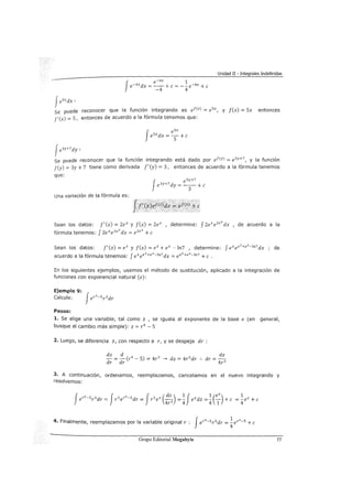 Unidad II - Integrales Indefinidas
e-4x dx = - - + e = --e-4x + e
f
e 4x 1
-4 4
Jesxdx:
se puede reconocer que la función integrando es ef(x) = e5
x, y f(x) = Sx entonces
f'(x) ==S, entonces de acuerdo a la fórmula tenemos que:
Je3y+7 dy:
se puede reconocer que la función integrando está dado por ef(y) = e3Y+7, y la función
f(y) == 3y +7 tiene como derivada f' (y) = 3, entonces de acuerdo a la fórmula tenemos
que:
f
e3y+7
e3Y+7 dy = -3- +e
Una variación de la fórmula es:
Sean los datos: f' (x) = zex y f(x) = zex , determine: f zex e2ex dx , de acuerdo a la
fórmula tenemos: Jzexezex dx = e2eX +e
Sean los datos: de
acuerdo a la fórmula tenemos: Jexee
3
+ex-!n7dx = ee
3
+ex-!n7 +e .
En los siguientes ejemplos, usemos el método de sustitución, aplicado a la integración de
funciones con exponencial natural (e):
Ejemplo 9:
Calcule: Jer
4
- 5r 3dr
Pasos:
1. Se elige una variable, tal como z , se iguala al exponente de la base e (en general,
busque el cambio más simple): z = r 4
- S
2. Luego, se diferencia z, con respecto a r, y se despeja dr :
dz d
- = - (r4
- S) = 4r3
~ dz = 4r3 dr ..
dr dr
dz
dr=-
4r3
3. A continuación, ordenamos, reemplazamos, cancelamos en el nuevo integrando y
resolvemos:
4 F. 1 f 4 1 4 5· lna mente, reemplazamos por la variable original r : er - 5r 3 dr = ¡er - +e
Grupo Editorial Megabyte 77
 