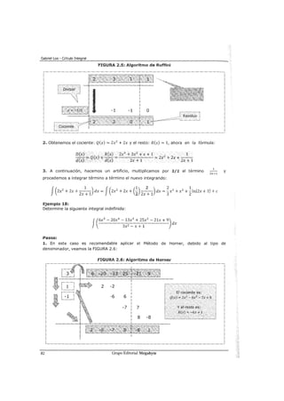 Gabriel Loa - Cálculo Integral
fiGURA 2.5: Algoritmo de Ruffini
2. Obtenemos el cociente: Q(x) = 2x2
+ 2x y el resto: R(x) = 1, ahora en la fórmula:
3, A continuación, hacemos un artificio, multiplicamos por 2/2 al término
procedemos a integrar término a término el nuevo integrando:
1
2X+l
f(2x2
+ 2x + -
1
-) dx = J(zx2
+ 2x + (~)-
2
-) dx = ~x3 + x 2
+ ~lnl2x + 11 +e
2x + 1 2 2x + 1 3 2
Ejemplo 18:
Determine la siguiente integral indefinida:
Pasos:
f(6x
5
- 20x
4
- l3x
3
+ 25x
2
- 21x + 9) dx
3x2
- x + 1
y
1. En este caso es recomendable aplicar el Método de Horner, debido al tipo de
denominador, veamos la FIGURA 2.6:
fiGURA 2.6: Algoritmo de Horner
82 Grupo Editorial Megabyte
 