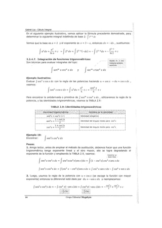 Gabriel Loa - Cálculo Integral
En el siguiente ejemplo ilustrativo, vamos aplicar la fórmula precedente demostrada, para
determinar la siguiente integral indefinida de base 2: J23
-x dx
Vemos que la base es a= 2 y el exponente es v = 3- x, entonces dv = -dx , sustituimos:
f av f f J z3-xaVdv=-+C __. 2VdV= 23 -X(-dX)=- 23-XdX=---+C
In a ln2
2.2.4.7. Integración de fum:iones trigonométricas:
Don~e, m , n son
núm~ro.? entetos
positivos.
Son técnicas para evaluar integrales del tipo:
Jsenm x cosn x dx
Ejemplo ilustrativo:
y
/
/
Jsecm x tann x dx
Evaluar Jsen5
x cos x dx con la regla de las potencias haciendo u =sen x __, du = cos x dx ,
veamos:
f J
u6
sen6
x
sen5
xcosxdx= u5
du=6+c=-
6
-+c
Para encontrar la antiderivada o primitiva de Jsenm xcosn x dx , utilizaremos la regla de la
potencia, y las identidades trigonométricas, veamos la TABLA 2.9:
TABLA 2.9: Identidades trigonométricas
sen2
x + cos2
x = 1 Identidad pitagórica
2
1- cos 2x
sen x = 2
Identidad del ángulo medio para sen2
x
2
1 +cos2x
COS X=
2
Identidad del ángulo medio para cos2
x
Ejemplo 19:
Encontrar:
Pasos:
L Amigo lector, antes de emplear el método de sustitución, debemos hacer que una función
trigonométrica tenga exponente lineal y el otro mayor/ ello se logra degradando el
exponente de la función y empleando la TABLA 2.91 veamos: Conservar un
factor lineal
Jsen3
x cos4
x dx = Jsen2
xcos4
x(sen x)dx = J(1- cos2
x) cos4
x sen x dx
Jsen3
x cos4
x dx = f(cos 4
x- cos6
x)sen x dx = Jcos4
x sen x dx- Jcos6
x sen x dx
2. Luego/ usc.mos la regla de la potencia con u = cos x (se escoge la función con mayor
exponente) entonces la diferencial está dado por du = -sen x dx y reemplazamos:
84
 