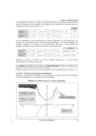 Unidad II - Integrales Indefinidas
De la definición, el dominio de cada una de estas funciones, es el conjunto de los números
reales JRL El rango del senh también es el conjunto IRL Sin embargo, el rango del cosh es el
conjunto de números del intervalo [1, +oo).
ex- e-x
senhx=-
2
-
ex+ e-x
coshx=-
2
-
e-x- ex ¡ex-e-x]senh (-x) = -
2
- = - -
2
- __. senh (-x) = -senh x
e-x+ ex
cosh (-x) = -
2
- __. cosh (-x) = cosh x
Impar
Par
El seno hiperbólico es una función impar y el coseno hiperbólico es una función par. Las
fórmulas de las derivadas de las funciones seno hiperbólico y el coseno hiperbólico se
obtienen mediante la aplicación de las definiciones anteriores y diferenciando las
expresiones resultantes que contienen funciones exponenciales, así:
ex- e-x
senhx=-
2
-
ex+ e-x
coshx=--
2
(
ex- e-x) e-x+ ex
Dx(senh x) = Dx -
2
- = -
2
- = coshx
(
ex+ e-x) ex- e-x
Dx(cosh x) = Dx -
2
- = -
2
- = senh x
Dx(senhx) = coshx
Dx(cosh x) = senh x
Aplicando la regla de la cadena se tiene el siguiente teorema, si u es una función
diferenciable de x, entonces se cumple:
2.2.4.9.8. Grilfica de las funciones hiperbólicas:
Veamos a continuación la FIGURA 2.8, que muestra los gráficos de las dos principales
funciones hiperbólicas, con sus respectivas características:
FIGURA 2..8: Gráfica del seno y coseno hiperbólico
-1
-2
Grupo Editorial Megabyte 91
 