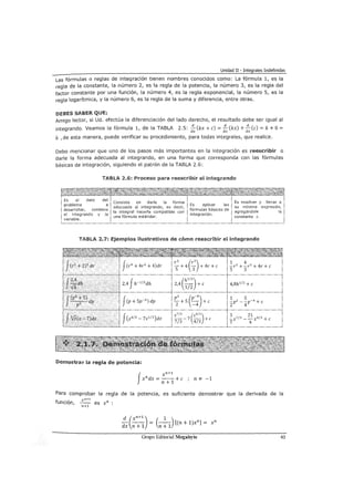 Unidad II - Integrales Indefinidas
Las fórmulas o reglas de integración tienen nombres conocidos como: La fórmula 1, es la
regla de la constante, la número 2, es la regla de la potencia, la número 3, es la regla del
factor constante por una función, la número 4, es la regla exponencial, la número 5, es la
regla logarítmica, y la número 6, es la regla de la suma y diferencia, entre otras.
DEBES SABER QUE:
Amigo lector, si Ud. efectúa la diferenciación del lado derecho, el resultado debe ser igual al
integrando. Veamos la fórmula 1, de la TABLA 2.5: !!.. (kx +e) =!!.. (kx) +!!..(e) =k+ O=
dx dx dx
k , de esta manera, puede verificar su procedimiento, para todas integrales, que realice.
Debo mencionar que uno de los pasos más importantes en la integración es reescribir o
darle la forma adecuada al integrando, en una forma que corresponda con las fórmulas
básicas de integración, siguiendo el patrón de la TABLA 2.6:
TABlA 2.6: Proceso para reescribir el integrando
TABLA 2.7: Ejemplos ilustrativos de cómo reescribir el integrando
(
hl/2)2,4 1/2 +e 4,8h1/ 2 +e
1 2 5 -4
zP -¡P +e
p2 (p-4)-+5- +e
2 -4
3 21
-z7/3 --z4/3 +e
7 4
Demostrar la regla de potencia:
Para comprobar la regla de la potencia, es suficiente demostrar que la derivada de la
función,
_:!___ (xn+l) = (-1-)[(n + 1)xn] = xn
dx n +1 n+ 1
Grupo Editorial Megabyte 43
 