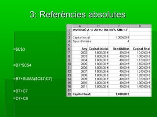 3: Referències absolutes3: Referències absolutes
=B7+SUMA($C$7:C7)
=B7*$C$4
=$C$3
=B7+C7
=D7+C8
 