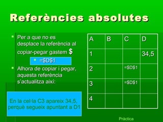 Referències absolutesReferències absolutes
 Per a que no esPer a que no es
desplace la referència aldesplace la referència al
copiar-pegar gastemcopiar-pegar gastem $$
 =$D$1=$D$1
 Alhora de copiar i pegar,Alhora de copiar i pegar,
aquesta referènciaaquesta referència
s’actualitza així:s’actualitza així:
44
=$D$1=$D$133
=$D$1=$D$122
34,534,511
DDCCBBAA
En la cel·la C2 Apareix 34,5
En la cel·la C3 apareix 34,5,
perquè segueix apuntant a D1
Pràctica
 