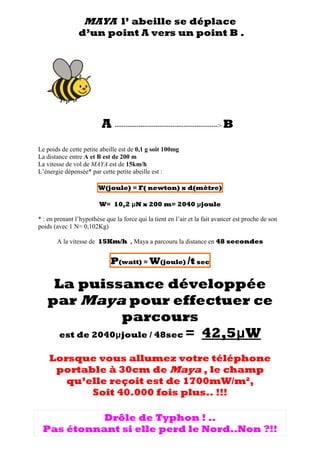 MAYA l’ abeille se déplace
d’un point A vers un point B .
A ------------------------------------------------> B
Le poids de cette petite abeille est de 0,1 g soit 100mg
La distance entre A et B est de 200 m
La vitesse de vol de MAYA est de 15km/h
L’énergie dépensée* par cette petite abeille est :
W(joule) = F( newton) x d(mètre)
W= 10,2 µN x 200 m= 2040 µjoule
* : en prenant l’hypothèse que la force qui la tient en l’air et la fait avancer est proche de son
poids (avec 1 N= 0,102Kg)
A la vitesse de 15Km/h , Maya a parcouru la distance en 48 secondes
P(watt) = W(joule) /t sec
La puissance développée
par Maya pour effectuer ce
parcours
est de 2040µjoule / 48sec = 42,5µW
Lorsque vous allumez votre téléphone
portable à 30cm de Maya , le champ
qu’elle reçoit est de 1700mW/m²,
Soit 40.000 fois plus.. !!!
Drôle de Typhon ! ..
Pas étonnant si elle perd le Nord..Non ?!!
 