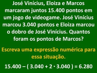 José Vinícius, Eloiza e Marcos marcaram juntos 15.400 pontos em um jogo de videogame. José Vinícius marcou 3.040 pontos e Eloiza marcou o dobro de José Vinícius. Quantos foram os pontos de Marcos? Escreva uma expressão numérica para essa situação. 15.400 – ( 3.040 + 2  ·  3.040 ) = 6.280 