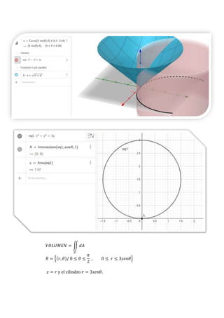 𝑉𝑂𝐿𝑈𝑀𝐸𝑁 = ∬ 𝑑𝐴
𝐷
𝑅 = {(𝑟, 𝜃)/ 0 ≤ 𝜃 ≤
𝜋
2
, 0 ≤ 𝑟 ≤ 3𝑠𝑒𝑛𝜃}
𝑧 = 𝑟 y el cilindro 𝑟 = 3𝑠𝑒𝑛𝜃.
 